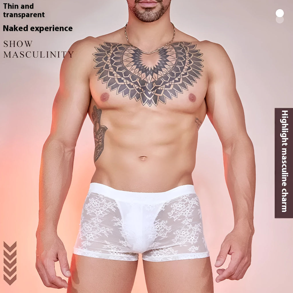 A pair of men's lace-trimmed nylon boxer shorts on a white background, shown in black colour.