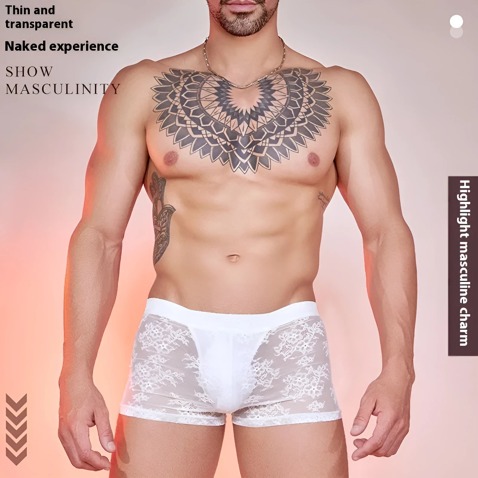 A pair of men's lace-trimmed nylon boxer shorts on a white background, shown in black colour.