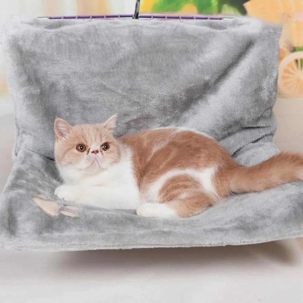Grey cat bed hammock made of plush material measuring 46 by 30 by 25 cm