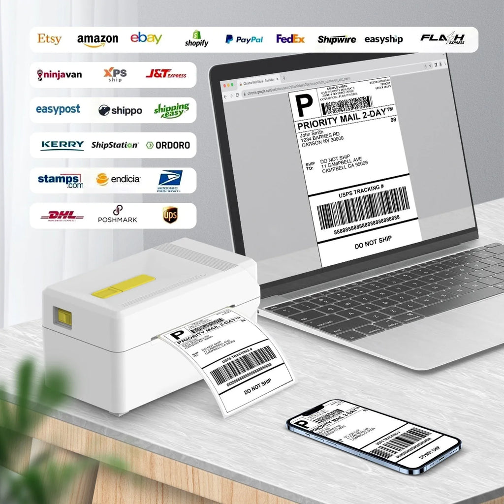 FlashLabel thermal express order label printer with USB cable on desk