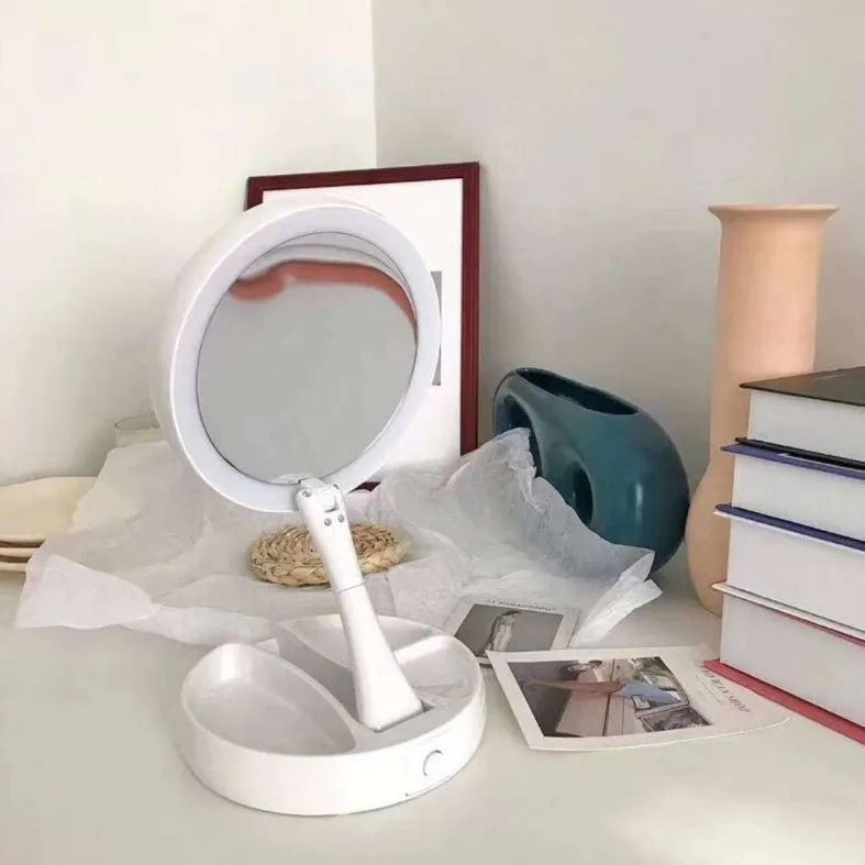 White acrylic LED vanity mirror with double-sided storage compartments and USB charging port