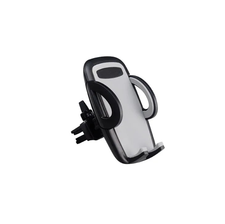 Black plastic car phone holder mounted on air conditioning vent holding smartphone