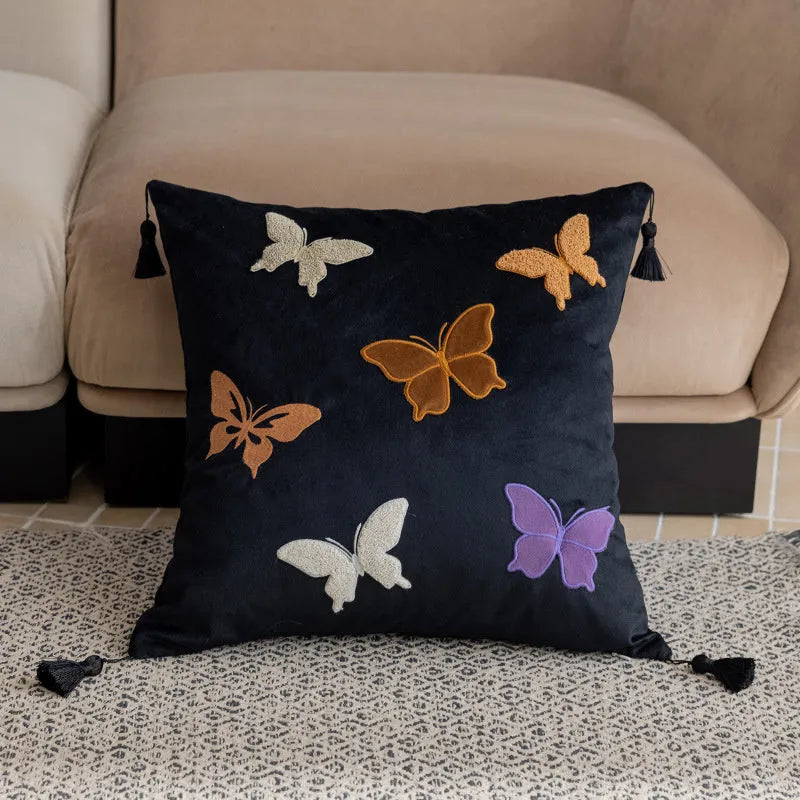 Square beige cushion with detailed Chinese-style butterfly embroidery, 45x45cm.