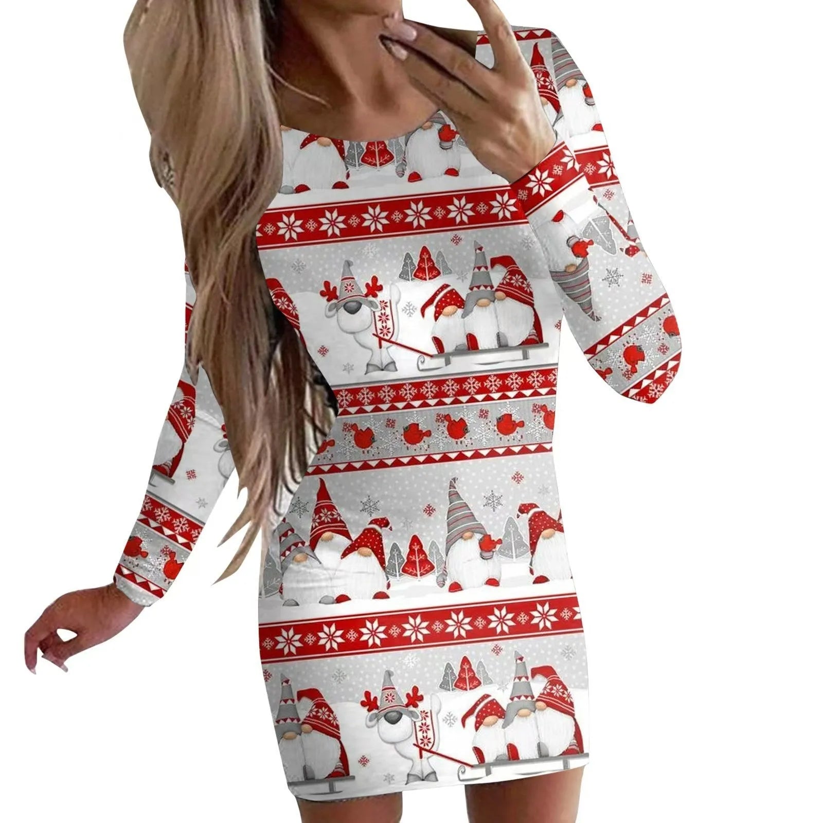 Red Christmas dress with animal print pattern, round neck and long sleeves, shown in a fitted hip skirt style.