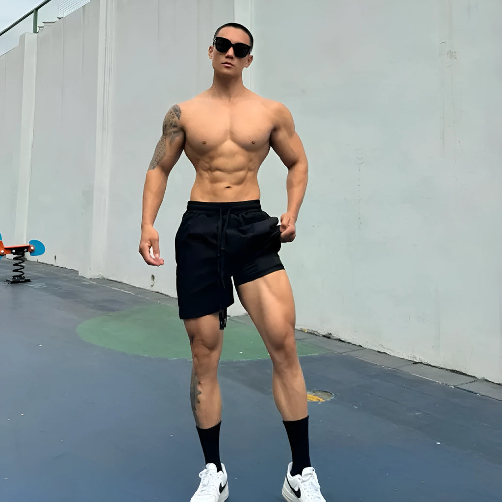 Men's ice silk quick-drying double-layer casual shorts in multiple colours.