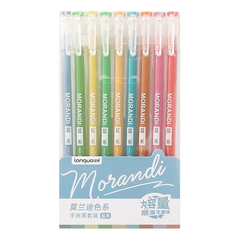 Retro gel pen set of nine pens with 0.5mm needle tips in plastic packaging measuring 15.2 by 8.5cm