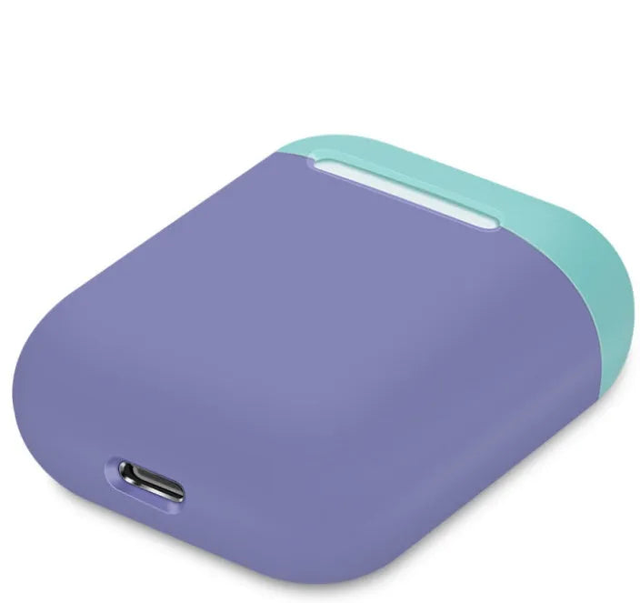 Split-shell silicone protective case for Apple AirPods charging box in a selection of colours on a plain background.