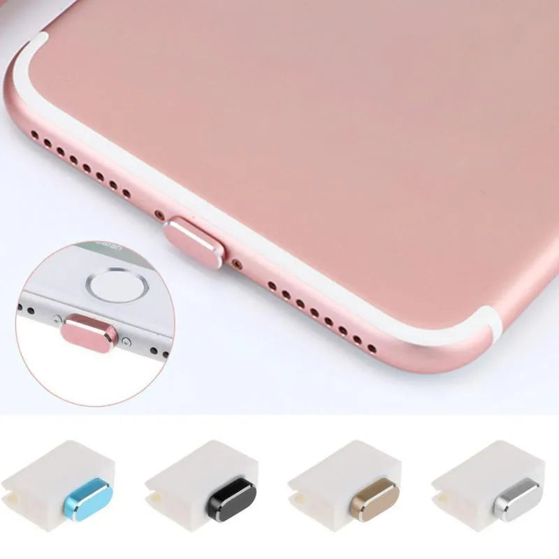 Aluminium alloy iPhone charging port dust plug in gold, silver, blue, red, grey, black, and rose gold colours.