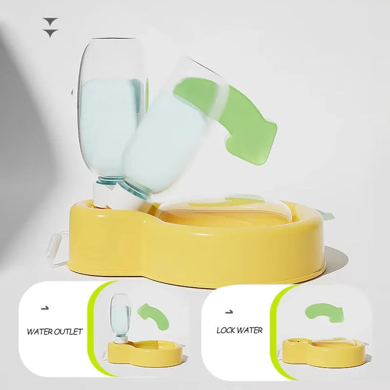 Green portable pet travel water bottle with pull-out drinking bowl for dogs, shown with size dimensions.