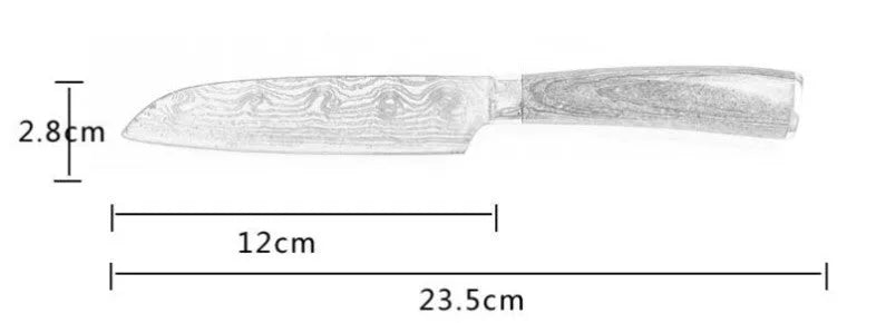 Kitchen knife set with 7Cr17 steel blades showing laser Damascus patterns and coloured wood handles