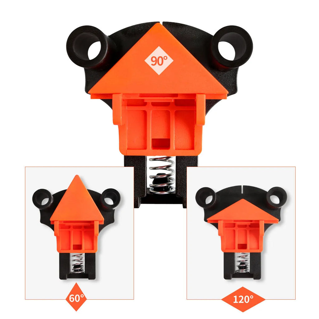 Four plastic 90 degree right angle woodworking clips for picture frame assembly