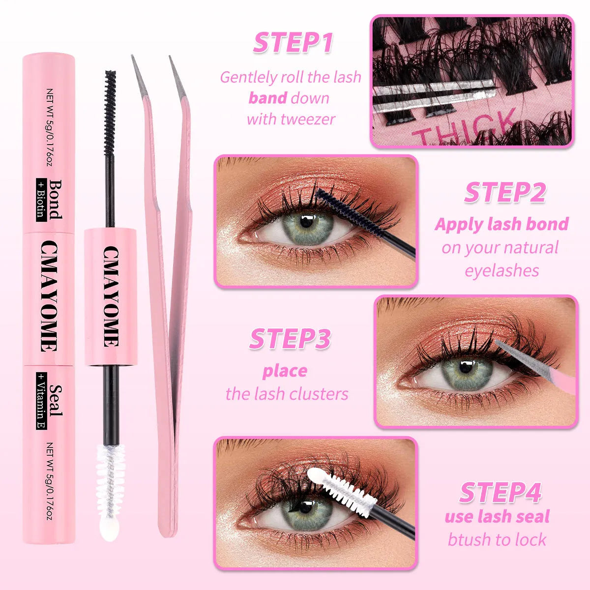 DIY false eyelashes extension kit showing cluster lashes and precision application tweezers