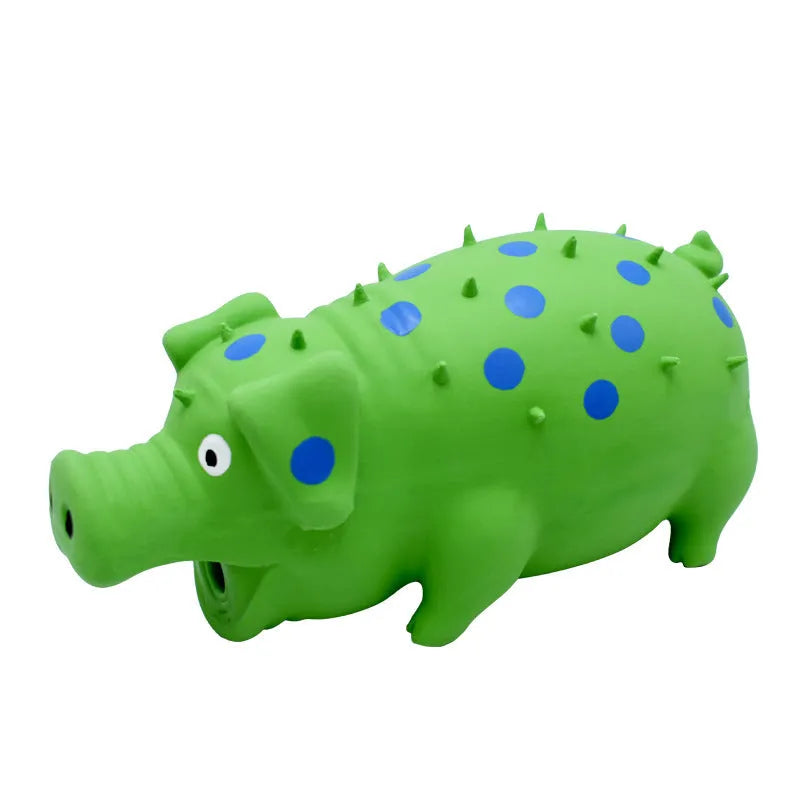 Blue latex pig-shaped dog chew toy with textured surface for teeth cleaning