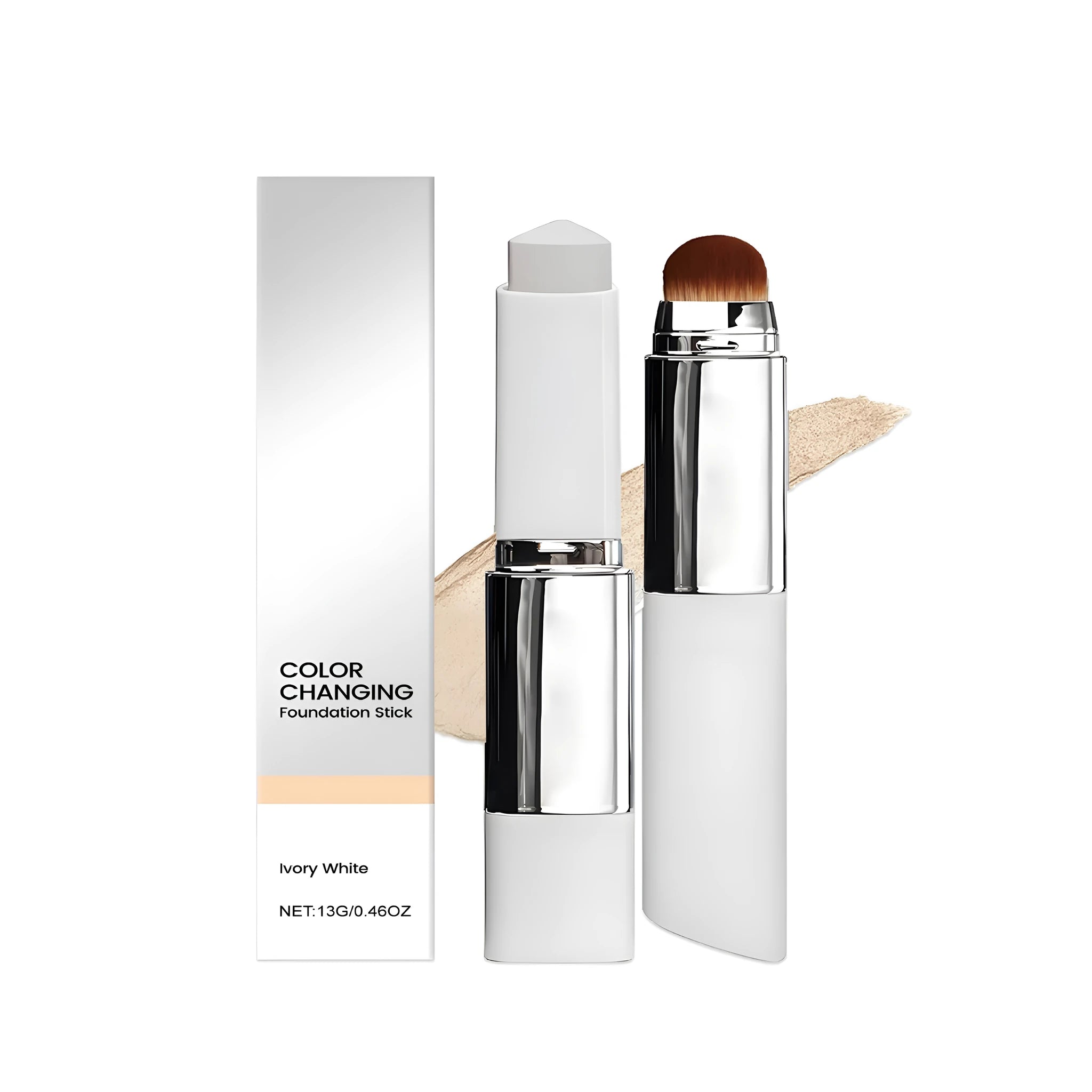 Clear powder foundation makeup stick in three shades: ivory white, natural, and deep flesh colour