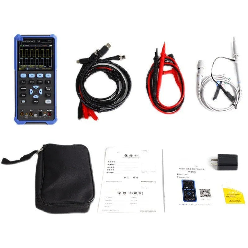 Owon HDS272 handheld digital oscilloscope with probes and accessories on workbench