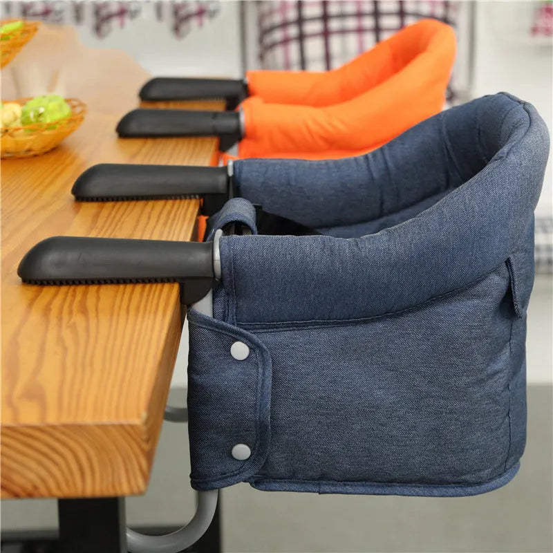 Portable baby high chair dining seat with safety belt folded and expanded