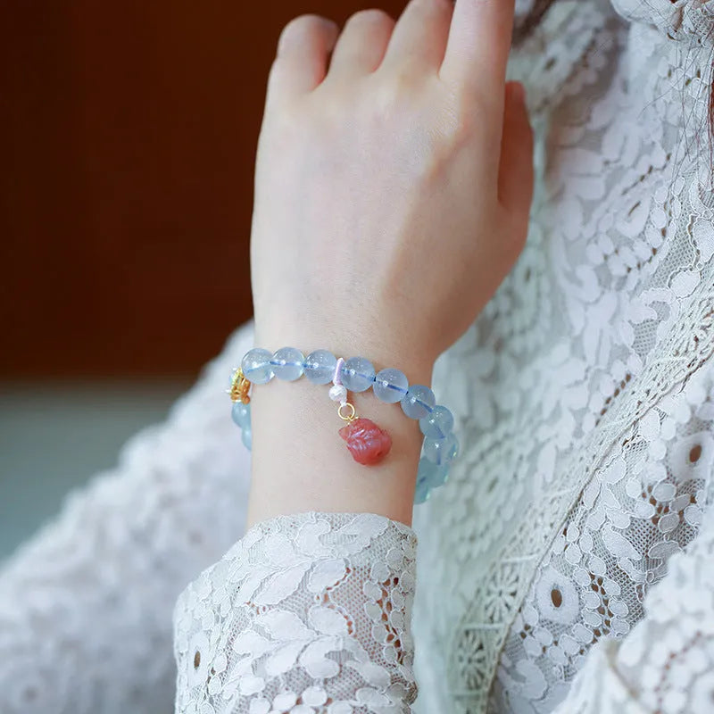 Chinese style aquamarine women's bracelet with pearl decorations and fox charm elements