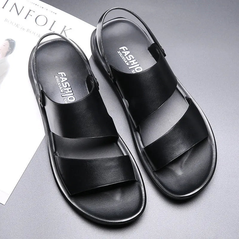 Men's casual beach sandals with cow split leather upper, open toe, and slingback strap in brown colour