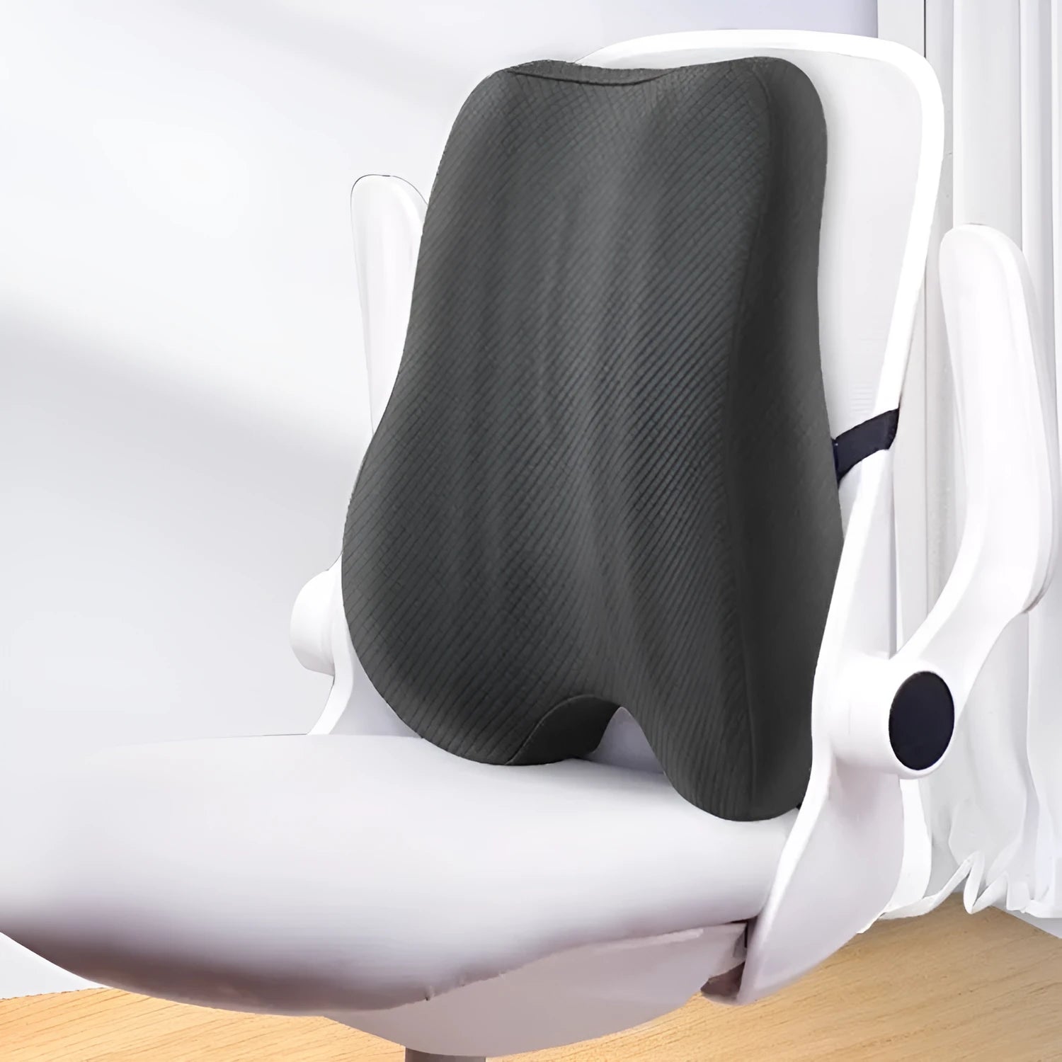 Grey lumbar support cushion for office chairs, size 40x40x8cm