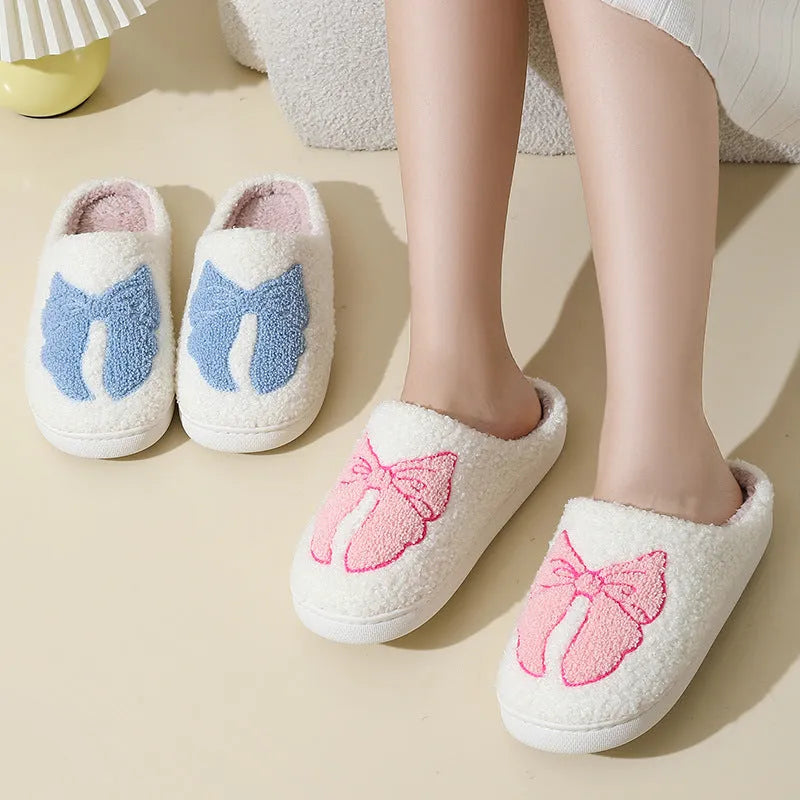 Cartoon bow knot cotton slippers with suede upper and TPR sole in pink or blue colour options