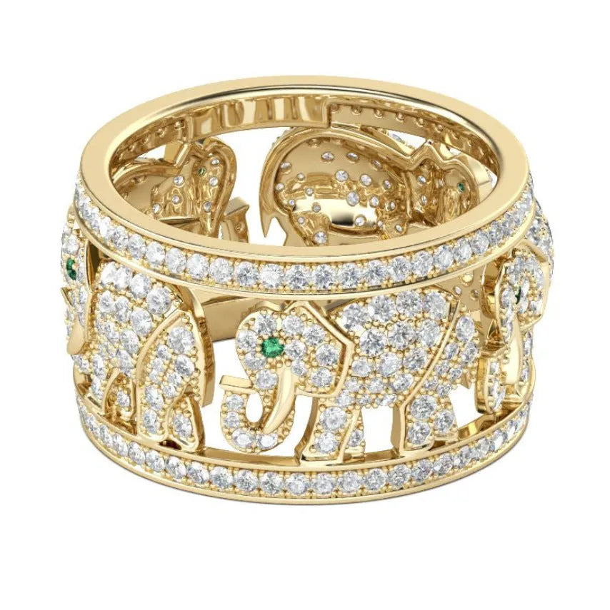 Alloy elephant ring with full diamond detailing showing elephant motif and electroplated finish