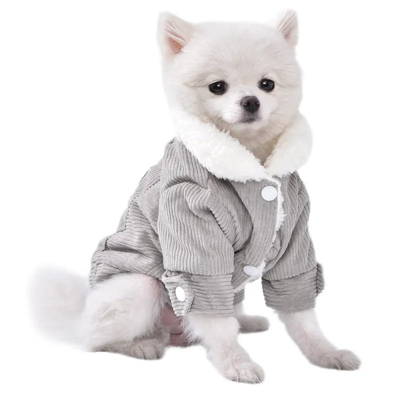 Grey lambswool dog vest with fleece lining for winter warmth on small breed pet