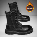 Men's black genuine leather high-top Martin boots with cotton lining and front lace-up, size 38-48