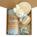 Baby teething gift set with wooden toys and large bamboo-cotton gauze blanket in assorted colours