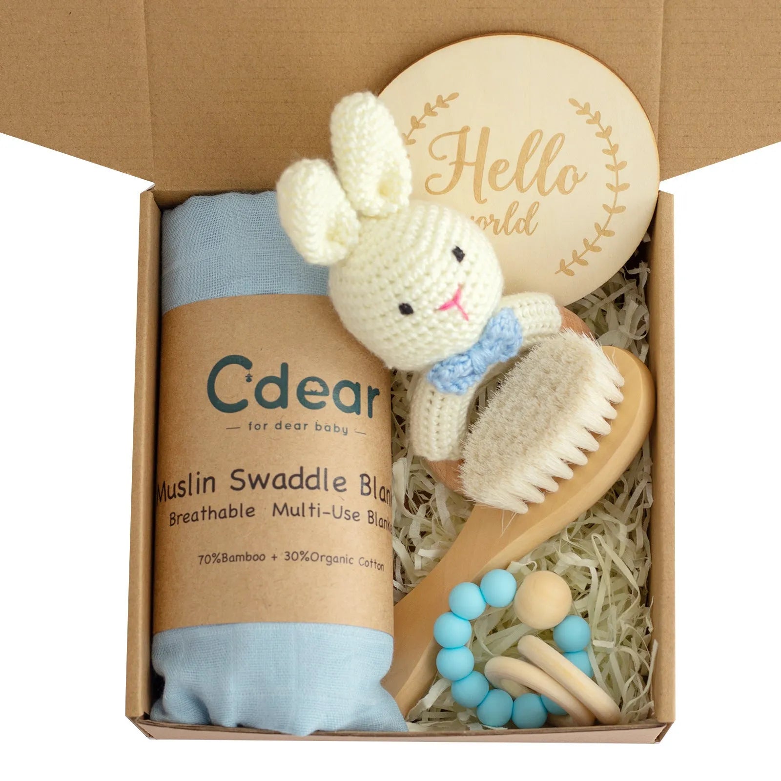 Baby teething gift set with wooden toys and large bamboo-cotton gauze blanket in assorted colours