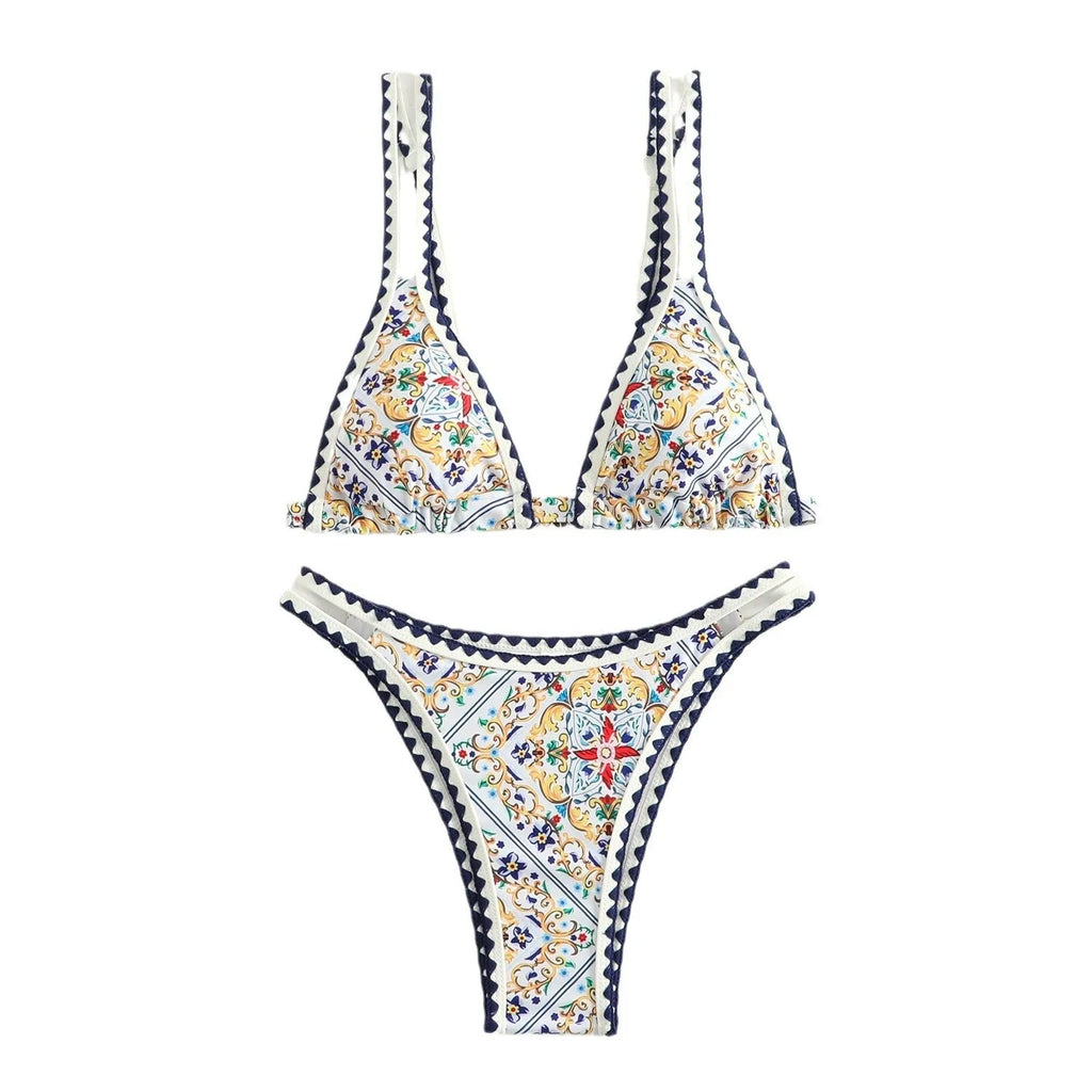 Women's floral printed bikini swimsuit with quick-dry polyester fabric for swimming