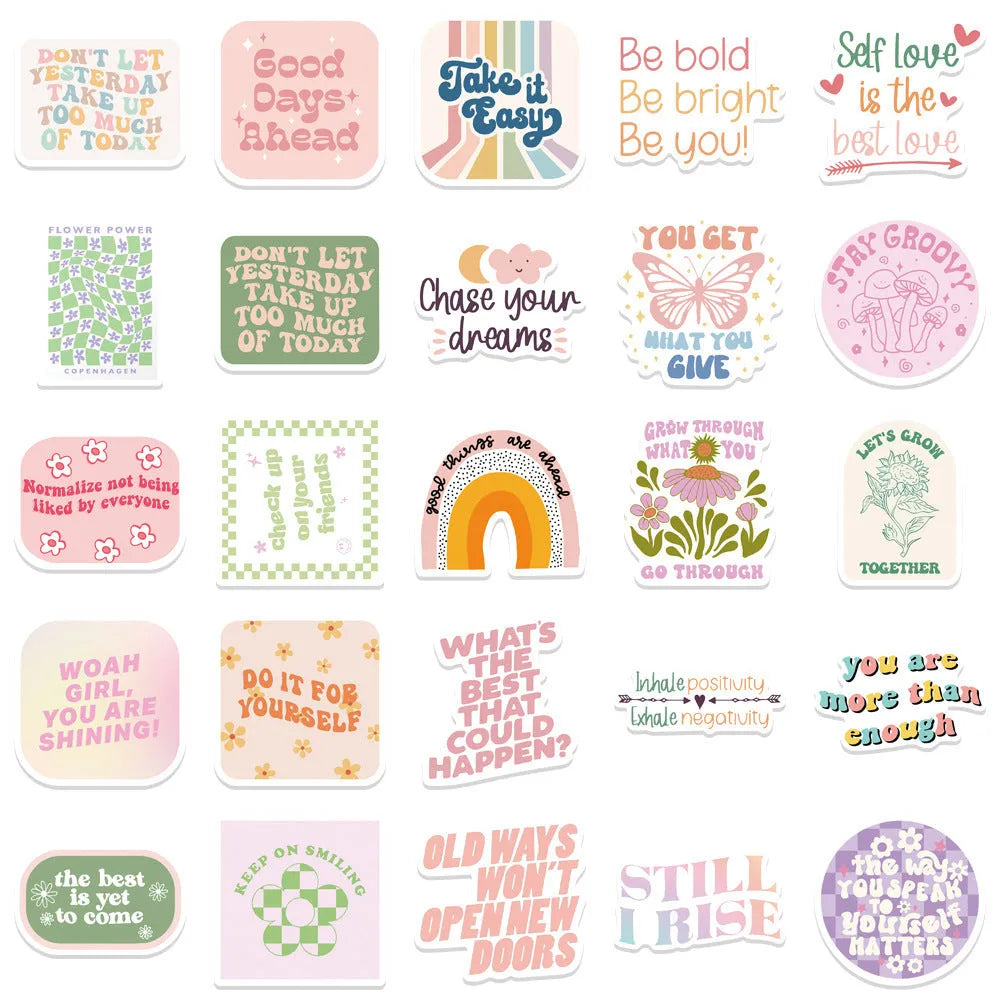 Danish pink motivational statement stickers with graffiti and cartoon patterns