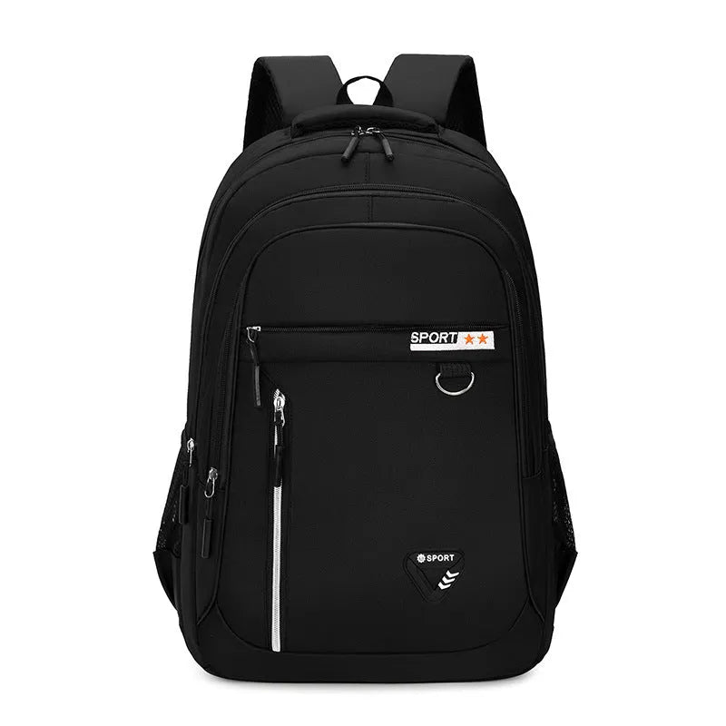 Men's Oxford cloth schoolbag in black with letter pattern showing air pillow belt and large capacity design