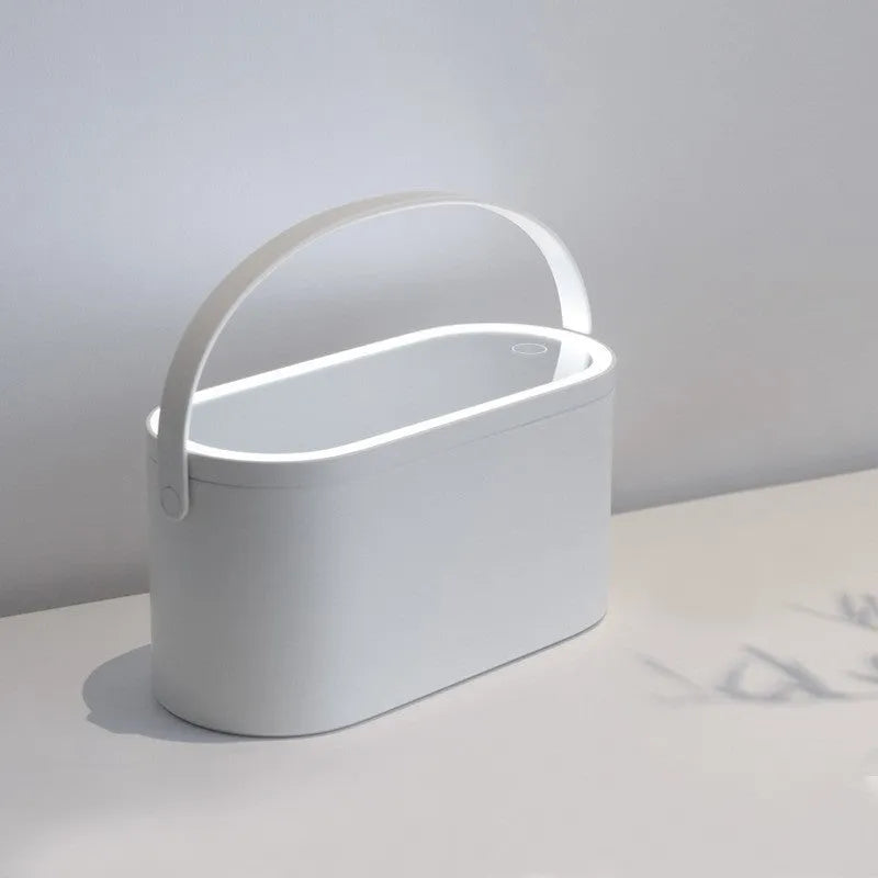 Portable pink and white beauty makeup mirror with storage box.