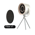 Milk white portable desktop exhaust fan with USB cable and removable filter on a kitchen countertop