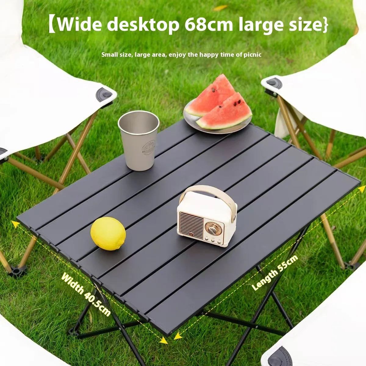 Ultralight aluminium alloy folding table in black carbon steel finish, folded flat for storage