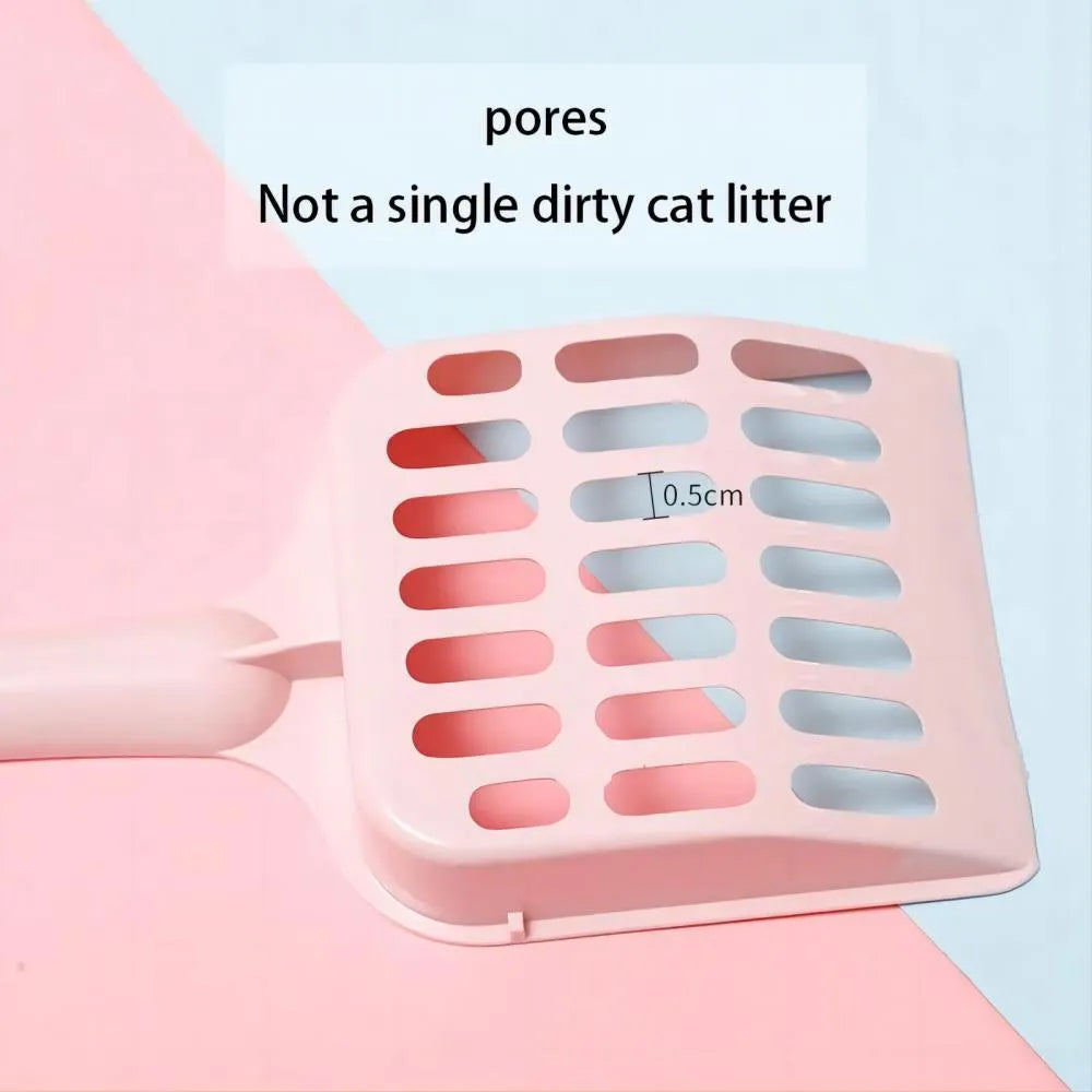 Plastic cat litter scoop in blue, green or pink colours showing 20cm length and litter sifting design