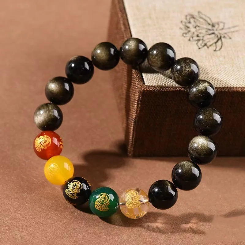 Single circle five gods of wealth bracelet with rainbow eye obsidian beads and zodiac modelling.