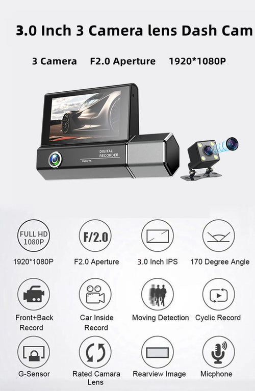 Black three-lens car dash camera recorder with touch screen display