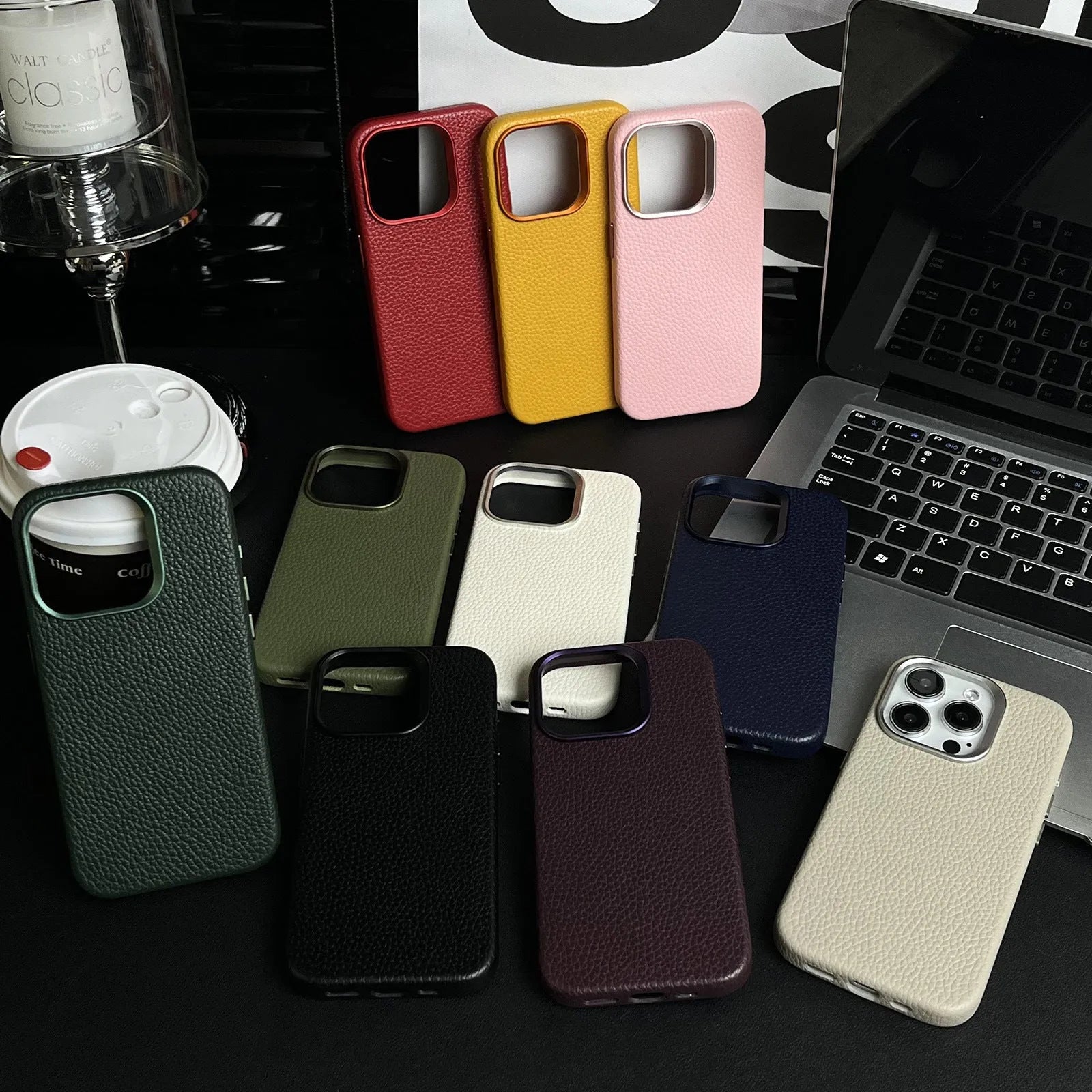 Plain leather magnetic phone case with lychee pattern in Dark Green for iPhone