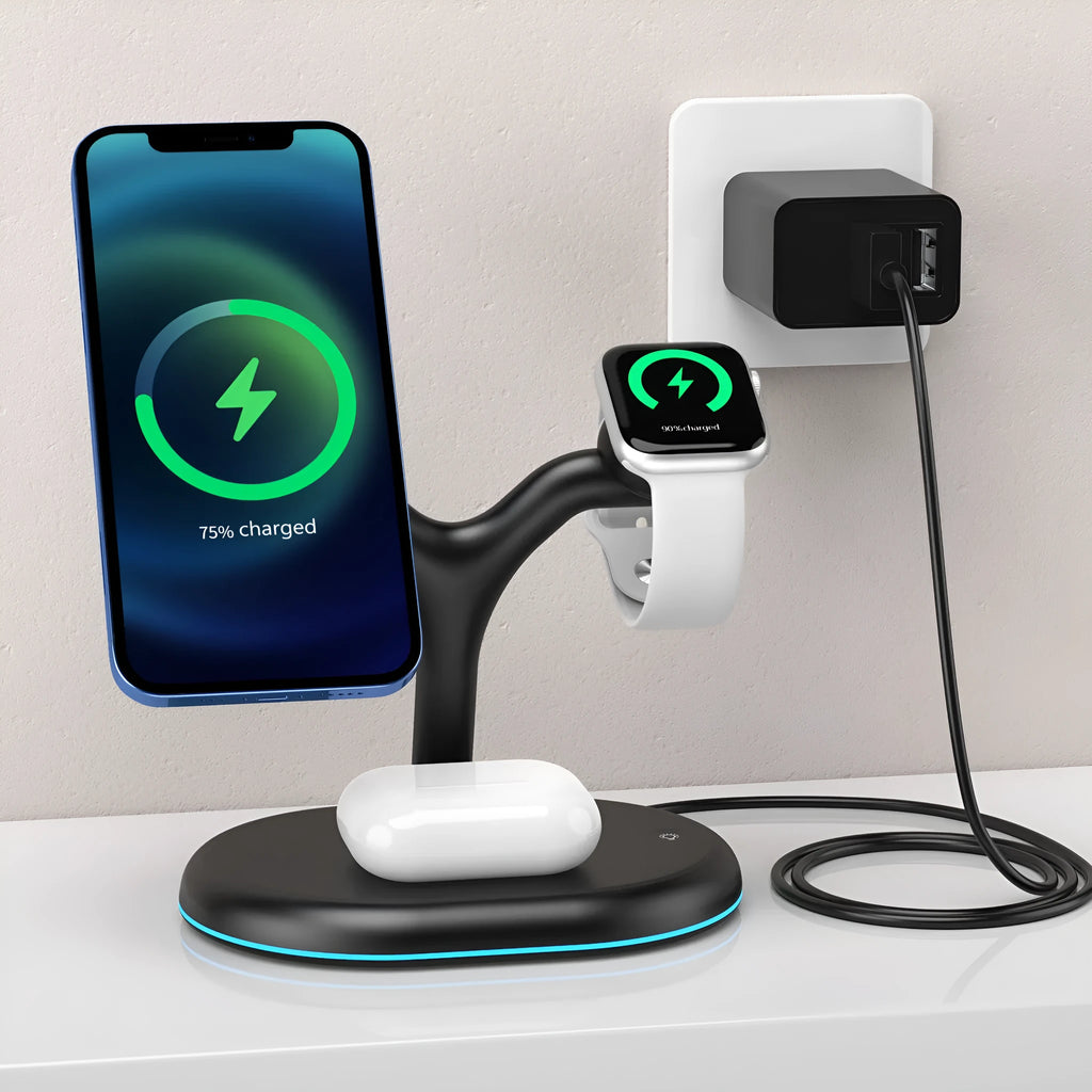 Black three-in-one magnetic wireless charger showing compact ABS body on a desk.