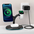 Black three-in-one magnetic wireless charger showing compact ABS body on a desk.