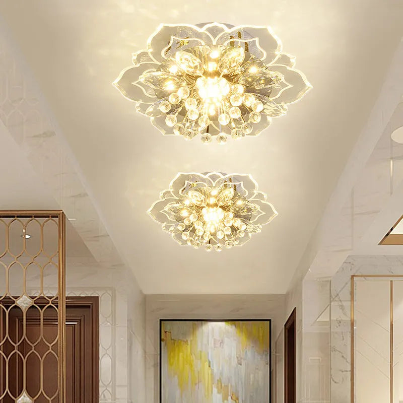 Modern crystal ceiling lamp with flower-shaped shade and LED light source for living rooms