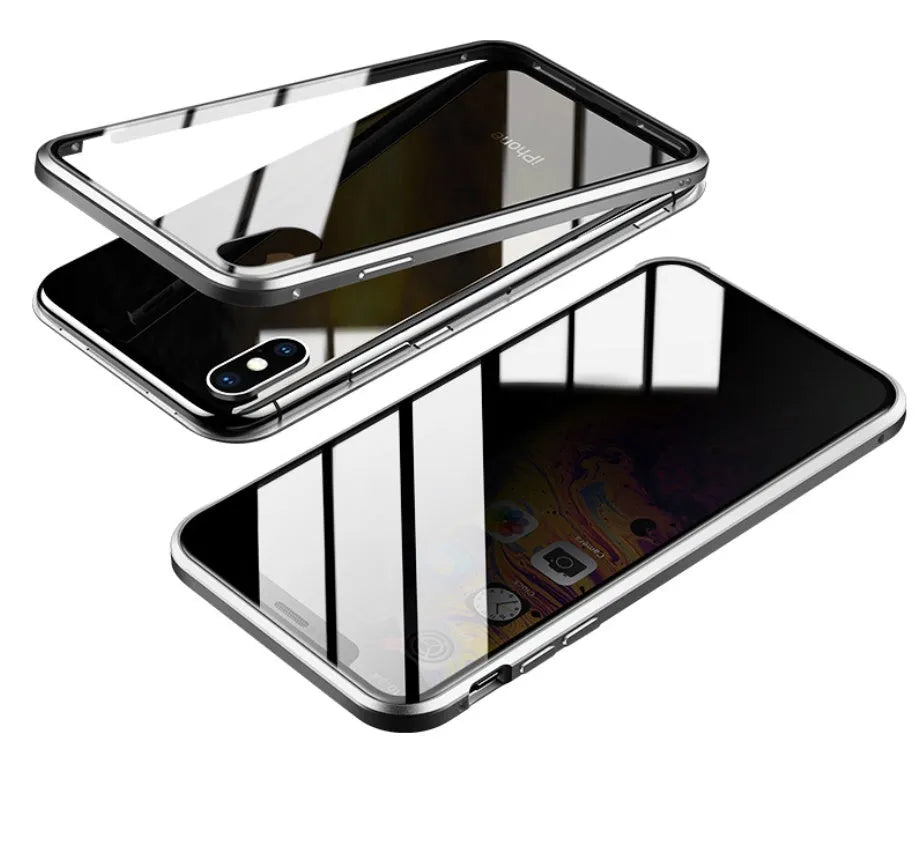 Glass clamshell anti-spy phone case for iPhone in geometric design, shown in black, silver, red, gold, green, and blue colours.