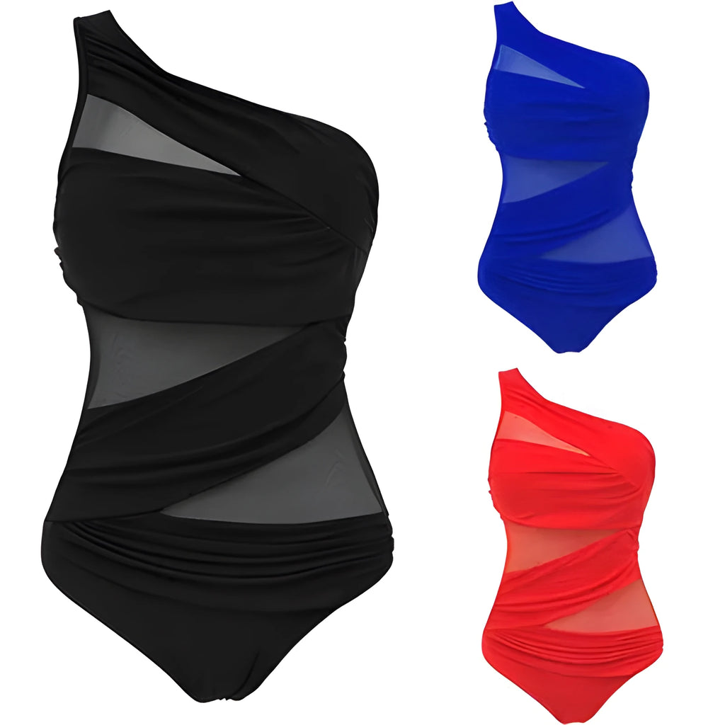 Women's plus size solid colour one-piece nylon swimsuit with chest pad in black, blue, and red