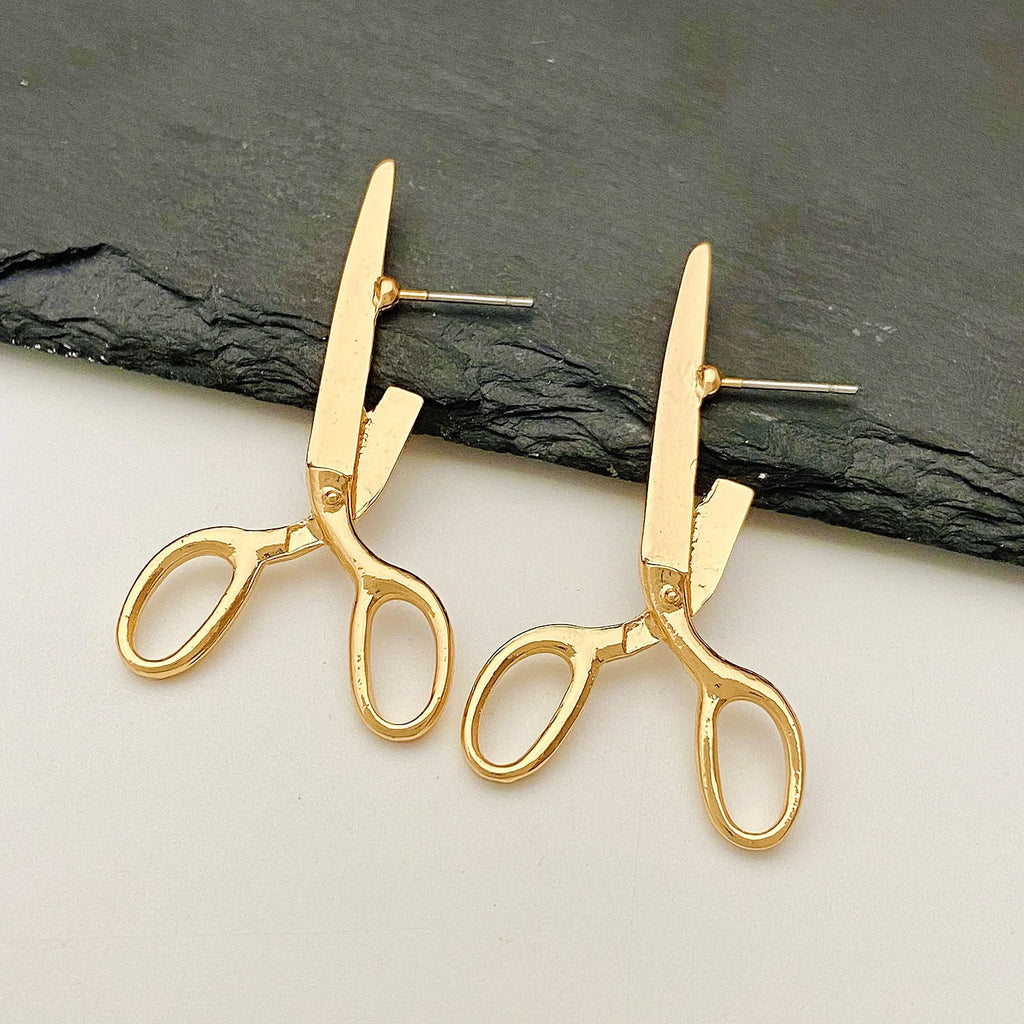 Creative fashion jewellery retro scissors ear studs in alloy with electroplated finish, KC gold or ancient tin colour
