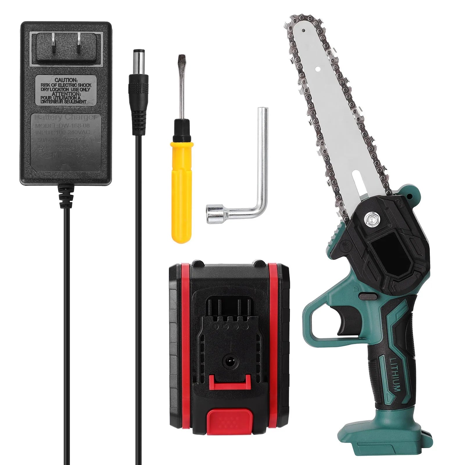 Small black electric chainsaw with lithium battery and 4-inch cutting bar