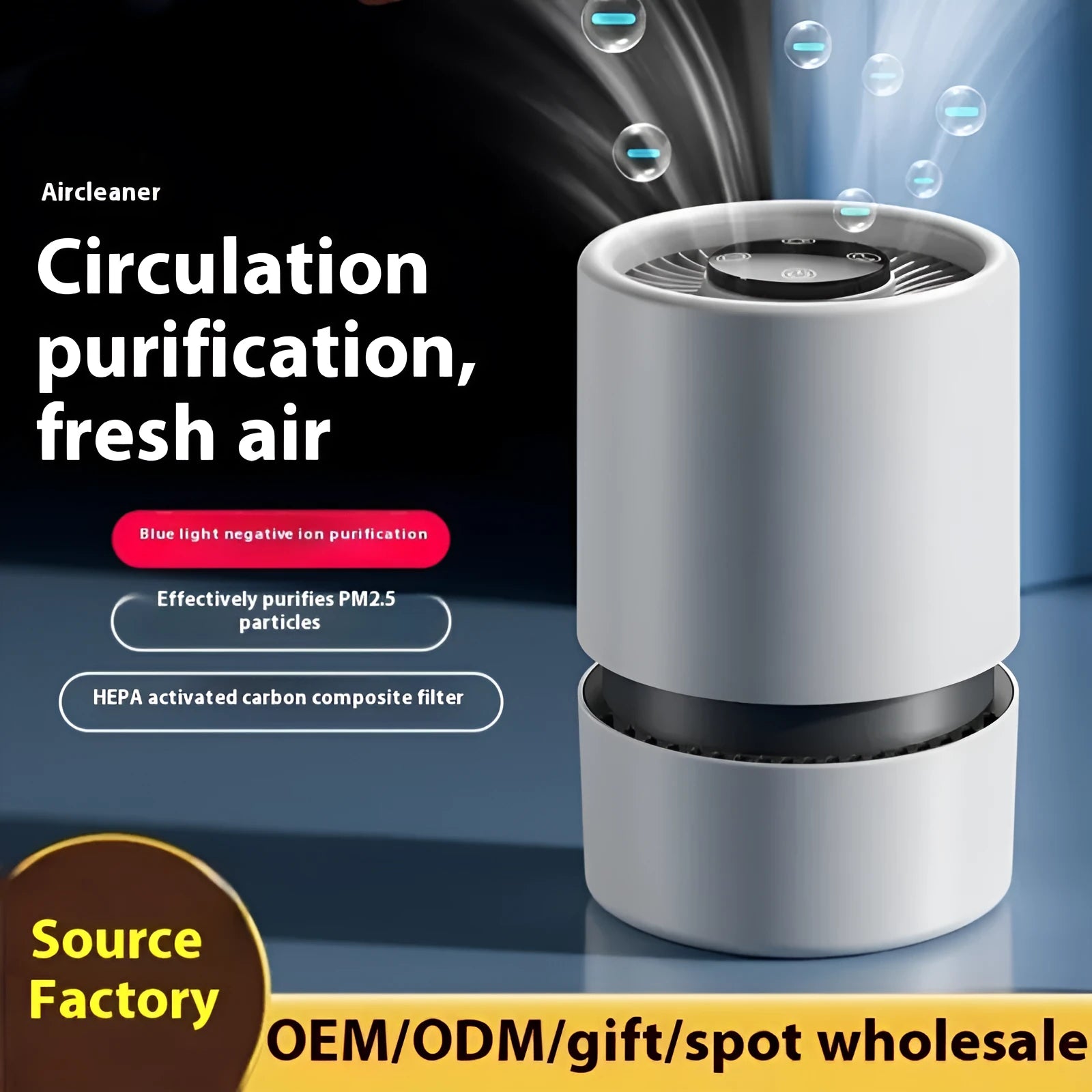 White desktop air purifier with USB cable for formaldehyde and odour removal in small rooms