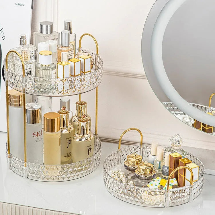 Light luxury cosmetics storage box with PET plastic and metal frame, double layer configuration