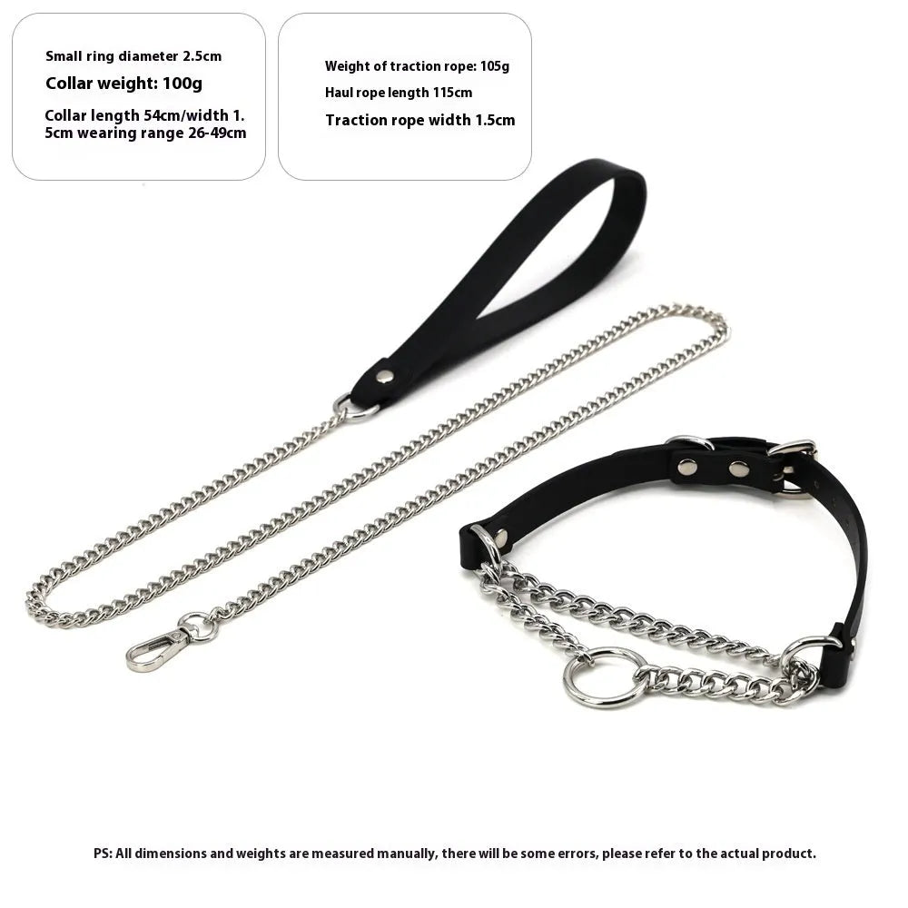 Black leather dog collar with chain tightening mechanism and matching leash