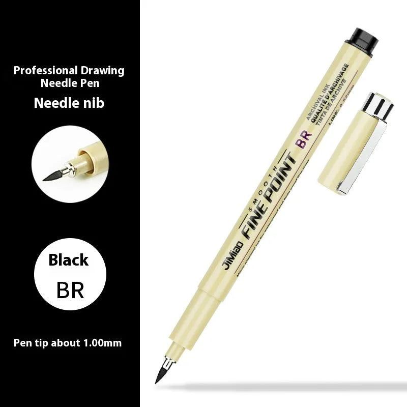 Waterproof black ink needle pen with syringe cartoon art on a 133mm plastic body.